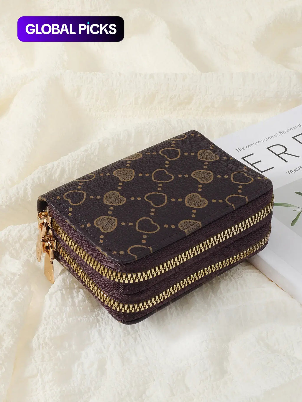 Women's Summer 2024 Retro Heart Print Double Zipper Coin Purse - Ideal Mother's Day Gift, Casual Multi-Card Holder, PU Leather Credit Card Storage Bag for Outdoor and Travel Use