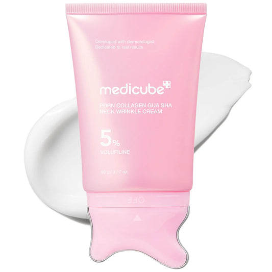 Medicube PDRN Collagen Gua Sha Neck Wrinkle Cream with Built-In Massager | Formulated with 5% Volufiline and PDRN for Firming and Contouring | Targets Fine Lines on Neck, Jawline, Décolleté, Underarms, Chest, Legs, and Shoulders | Korean Skincare Solution