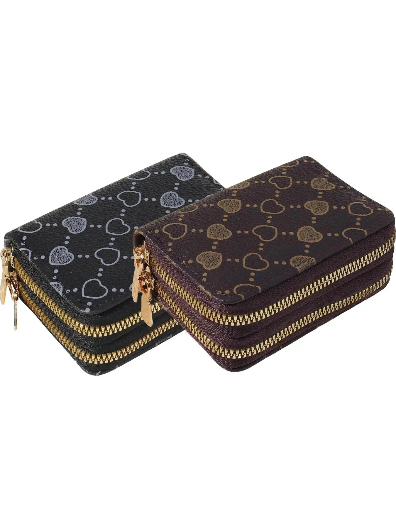 Women's Summer 2024 Retro Heart Print Double Zipper Coin Purse - Ideal Mother's Day Gift, Casual Multi-Card Holder, PU Leather Credit Card Storage Bag for Outdoor and Travel Use