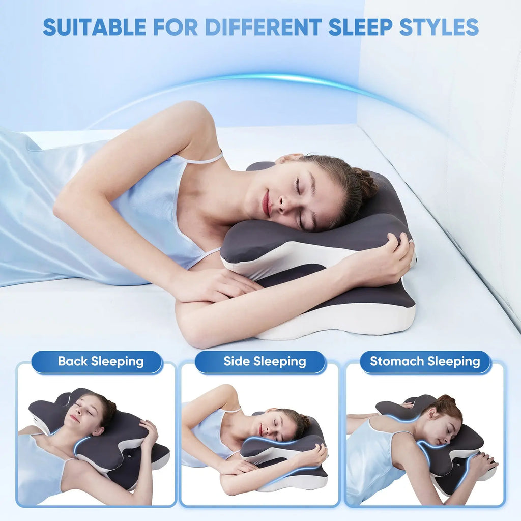 Double-Sided Contoured Neck Pillow with Supportive Memory Foam and Cooling Cover, Featuring Zoned Design and Extra-Large Armrest for Optimal Comfort in Side, Stomach, and Back Sleep Positions