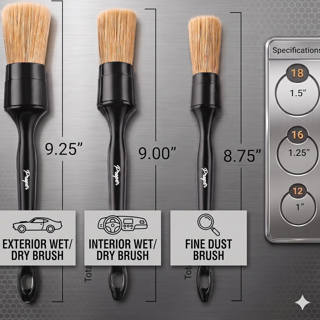 Car Detailing Brush Set - 3-Pack with Ultra Soft Boar Hair Bristles for Interior and Exterior Use