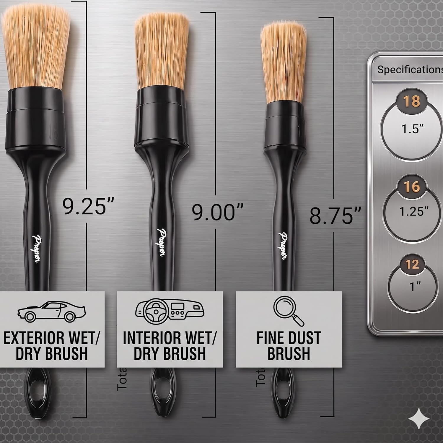 Car Detailing Brush Set - 3-Pack with Ultra Soft Boar Hair Bristles for Interior and Exterior Use