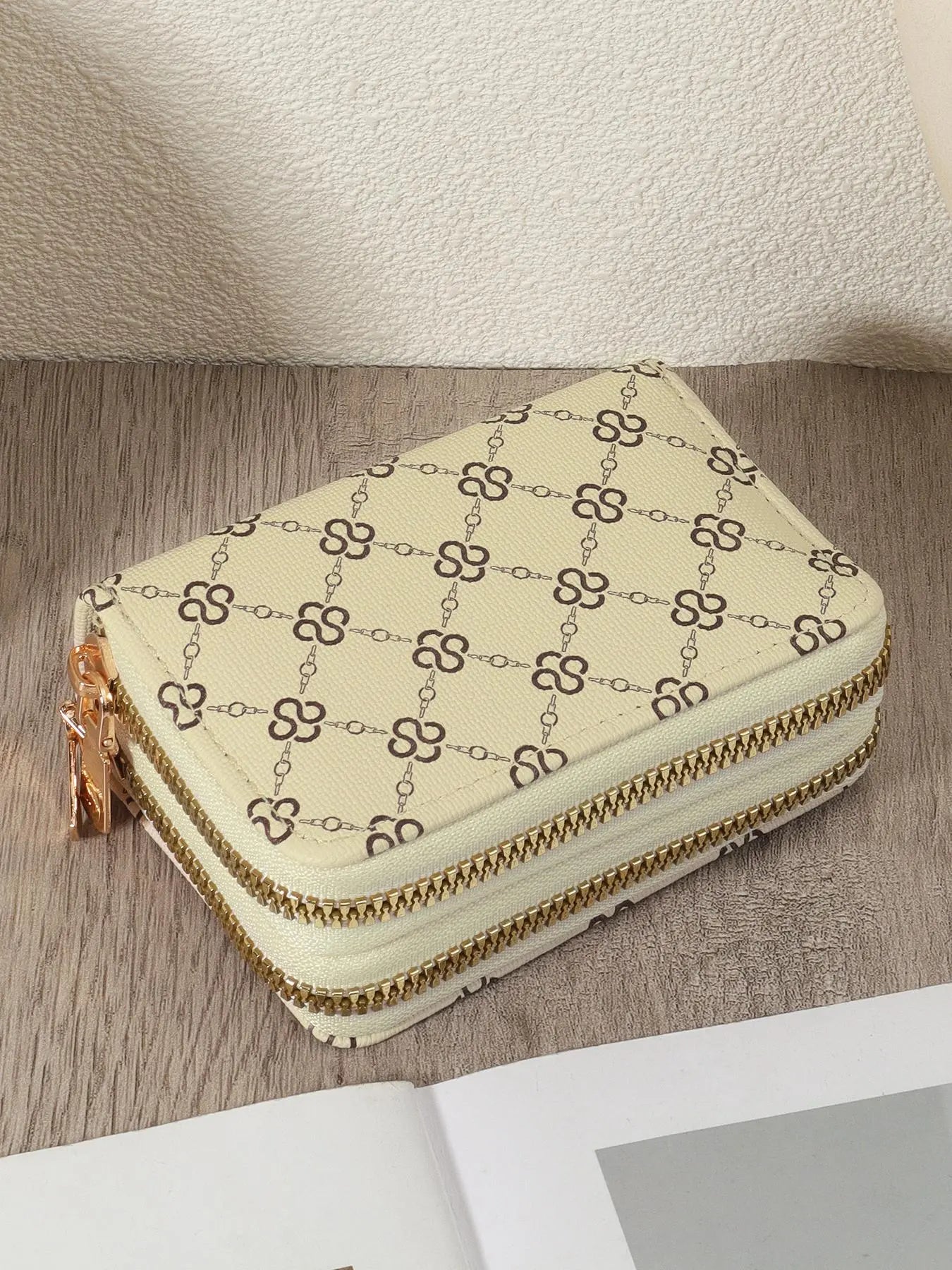 Women's Summer 2024 Retro Heart Print Double Zipper Coin Purse - Ideal Mother's Day Gift, Casual Multi-Card Holder, PU Leather Credit Card Storage Bag for Outdoor and Travel Use