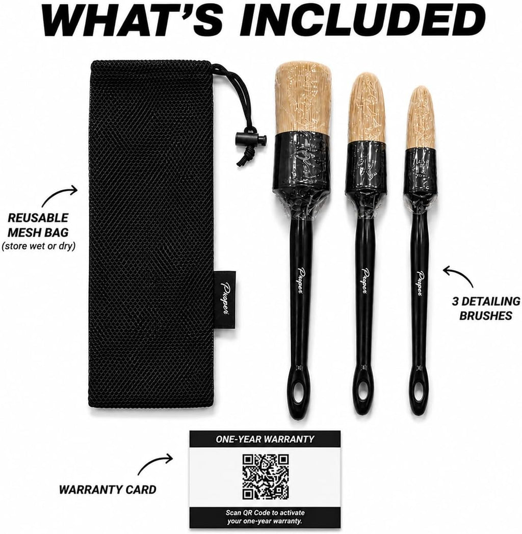 Car Detailing Brush Set - 3-Pack with Ultra Soft Boar Hair Bristles for Interior and Exterior Use