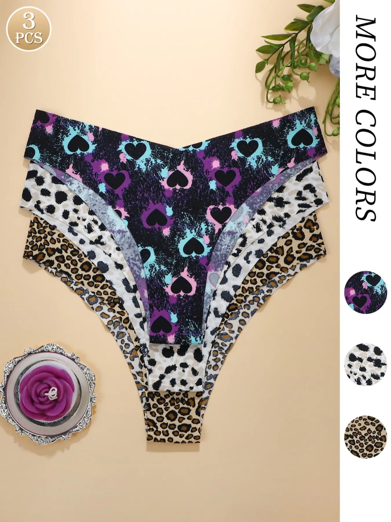 Women's Floral Heart Leopard Print Everyday Underwear Set, Available in 3 to 12 Pieces, Casual Fitted Design for All Seasons, Comfortable Lingerie and Panties