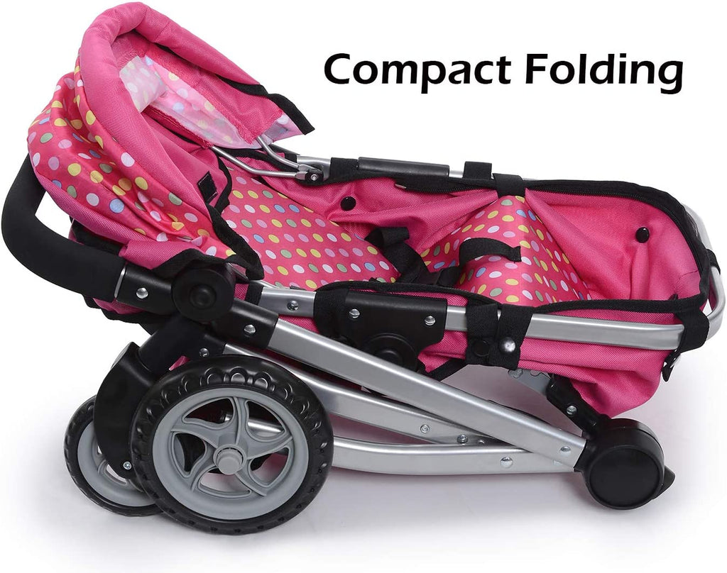 Foldable Baby Doll Stroller with Polka Dot Design, Swiveling Wheels, and Adjustable Handle