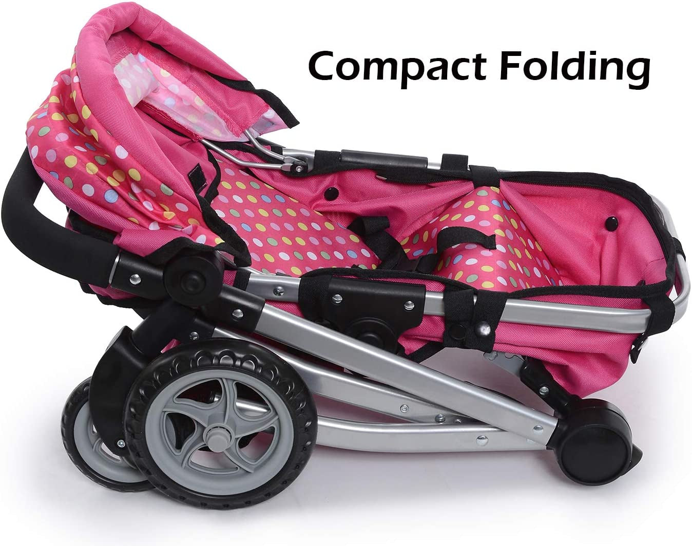 Foldable Baby Doll Stroller with Polka Dot Design, Swiveling Wheels, and Adjustable Handle