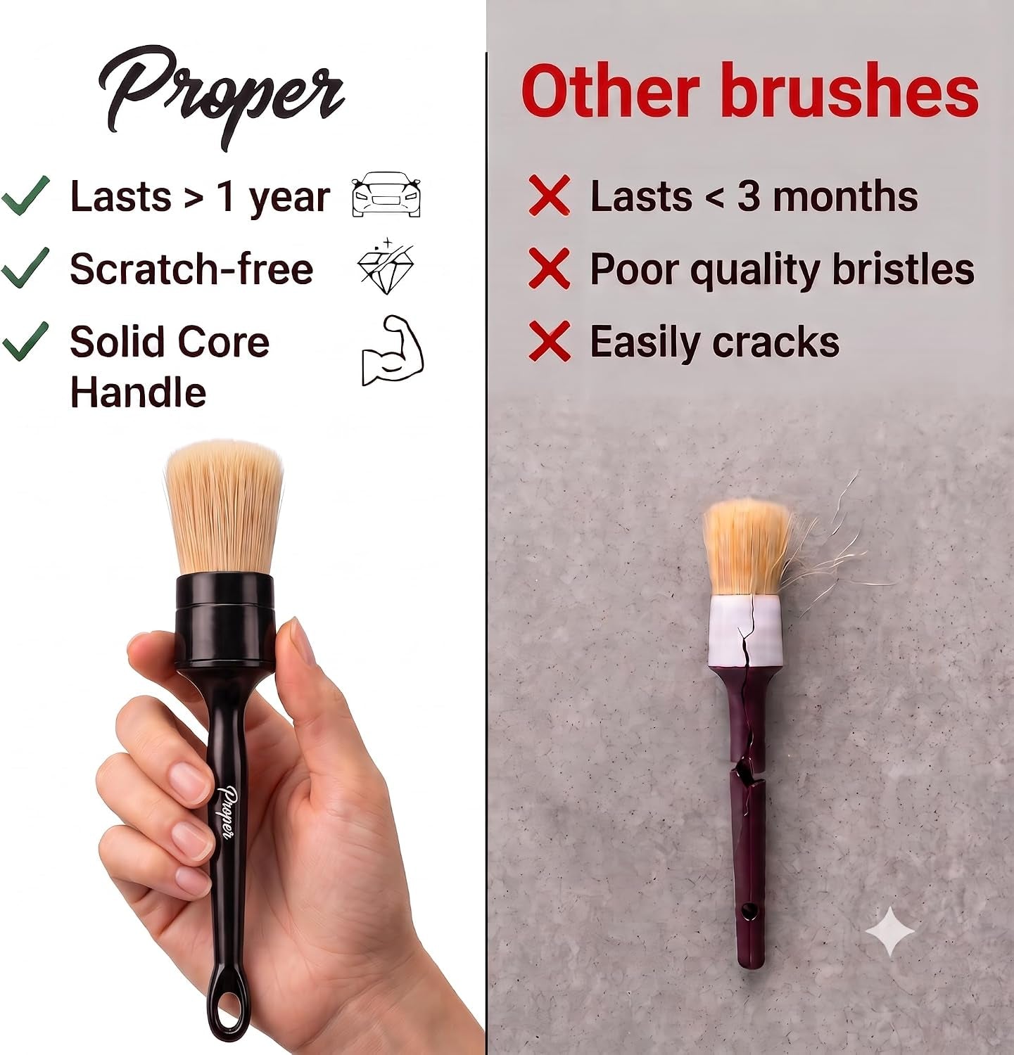 Car Detailing Brush Set - 3-Pack with Ultra Soft Boar Hair Bristles for Interior and Exterior Use