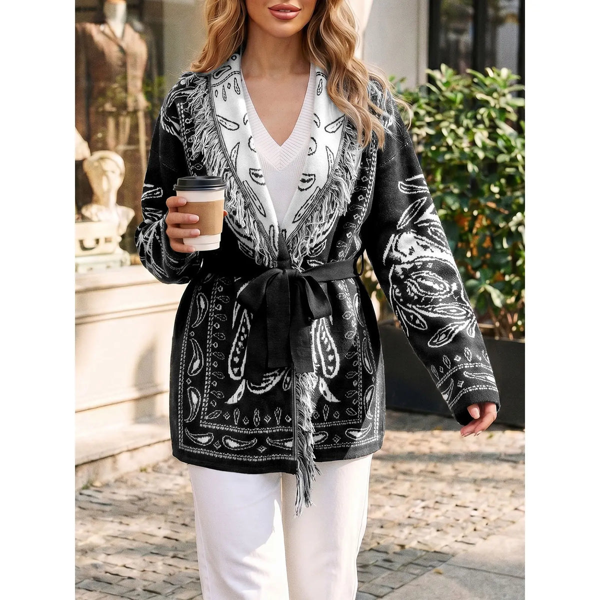 Saodimallsu Women's Fall Tassel Shawl Collar Cardigan in Paisley Design, Sohochic Collection