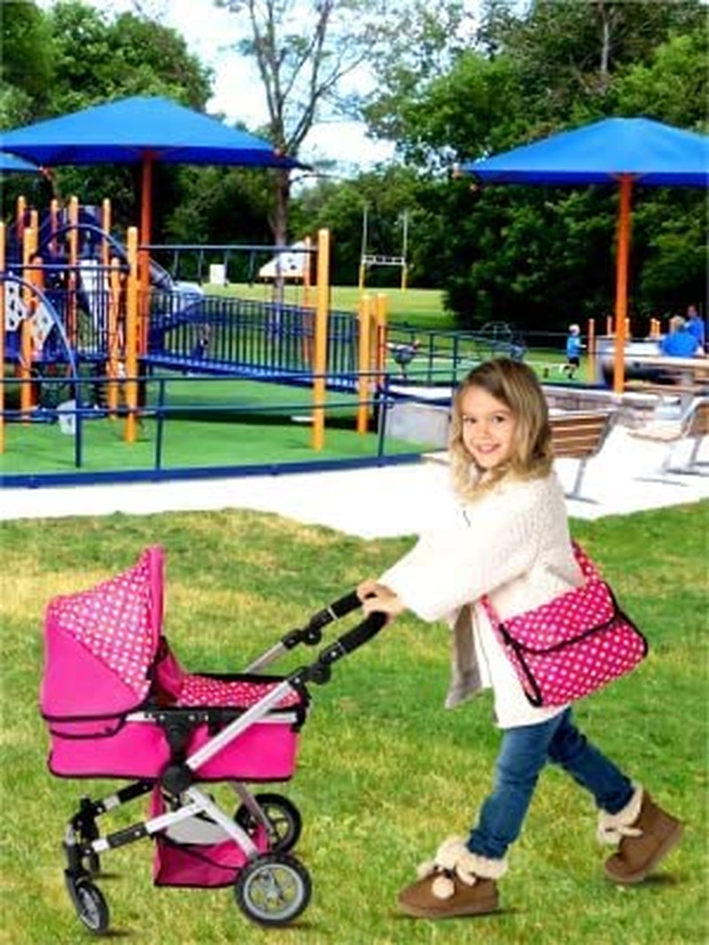 Foldable Baby Doll Stroller with Polka Dot Design, Swiveling Wheels, and Adjustable Handle