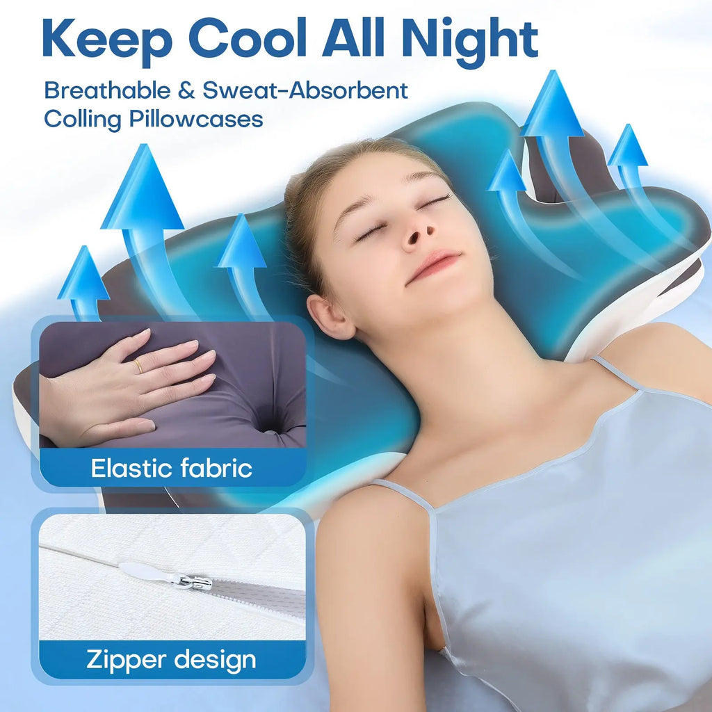 Double-Sided Contoured Neck Pillow with Supportive Memory Foam and Cooling Cover, Featuring Zoned Design and Extra-Large Armrest for Optimal Comfort in Side, Stomach, and Back Sleep Positions