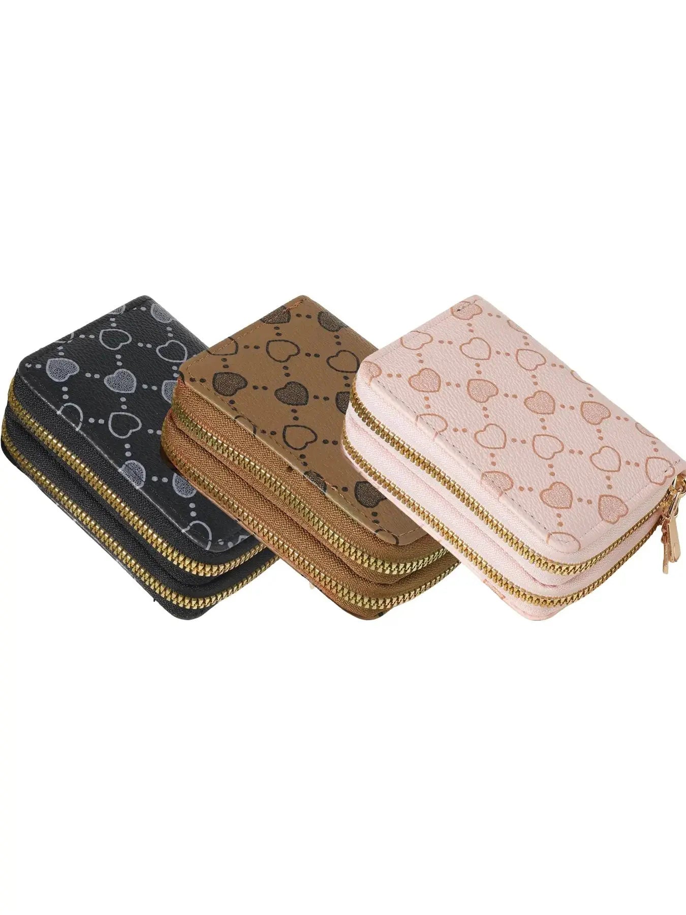 Women's Summer 2024 Retro Heart Print Double Zipper Coin Purse - Ideal Mother's Day Gift, Casual Multi-Card Holder, PU Leather Credit Card Storage Bag for Outdoor and Travel Use