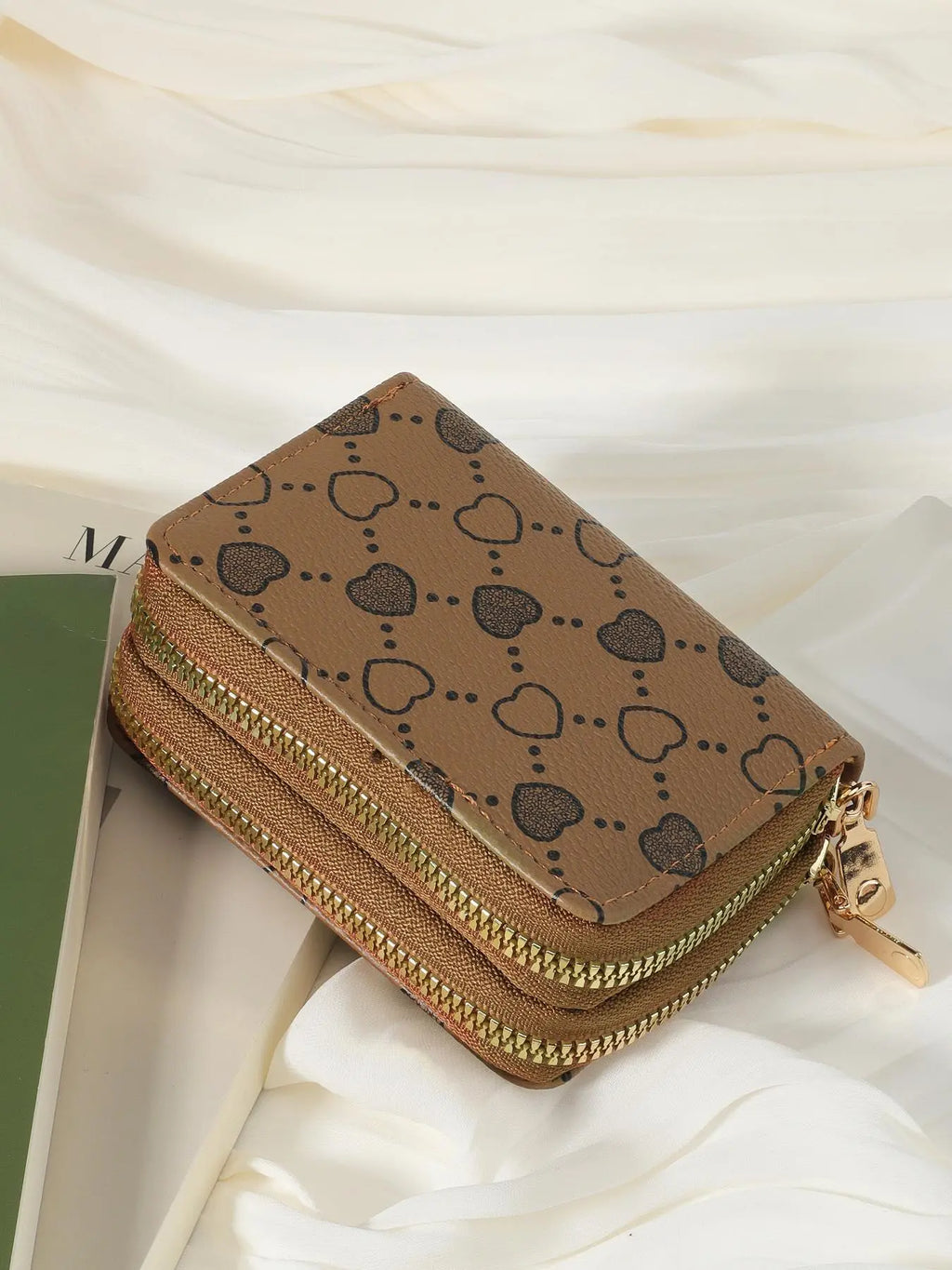 Women's Summer 2024 Retro Heart Print Double Zipper Coin Purse - Ideal Mother's Day Gift, Casual Multi-Card Holder, PU Leather Credit Card Storage Bag for Outdoor and Travel Use
