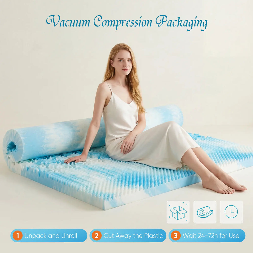 Blue Gel Memory Foam Mattress Topper for Enhanced Support and Cooling Pressure Relief, Designed for Back and Hip Pain Relief in Dorms, RVs, and Camping
