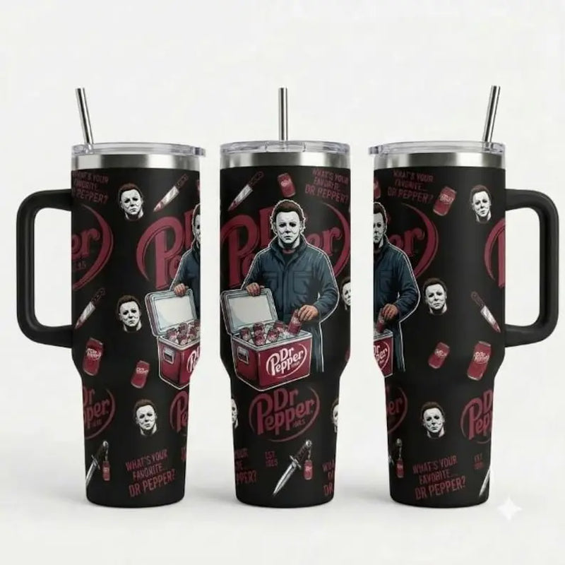 Ghostface, Chucky, and Michael Myers 40 oz Insulated Stainless Steel Tumbler with Handle and Straw - Perfect Gift for Horror Movie Enthusiasts