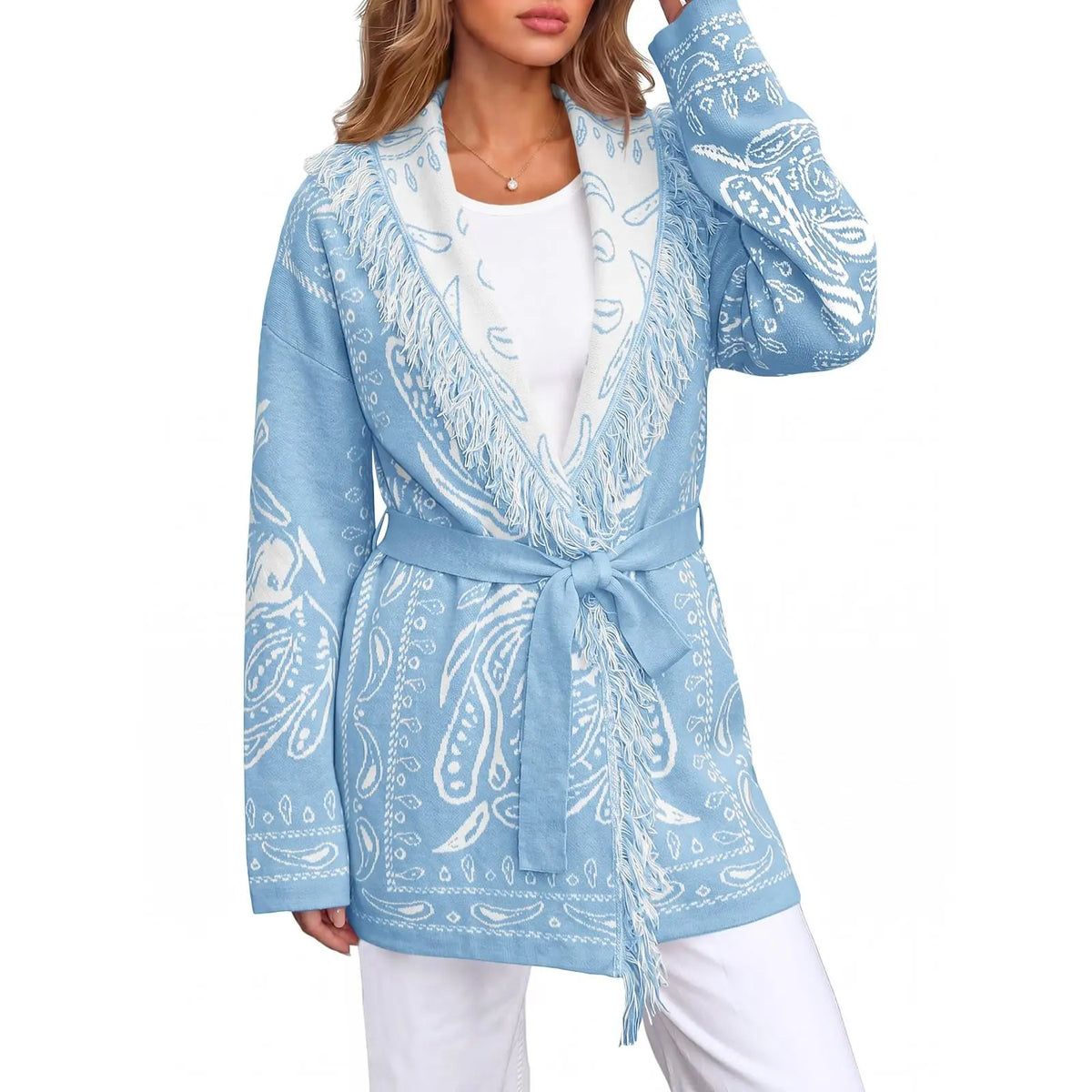 Saodimallsu Women's Fall Tassel Shawl Collar Cardigan in Paisley Design, Sohochic Collection