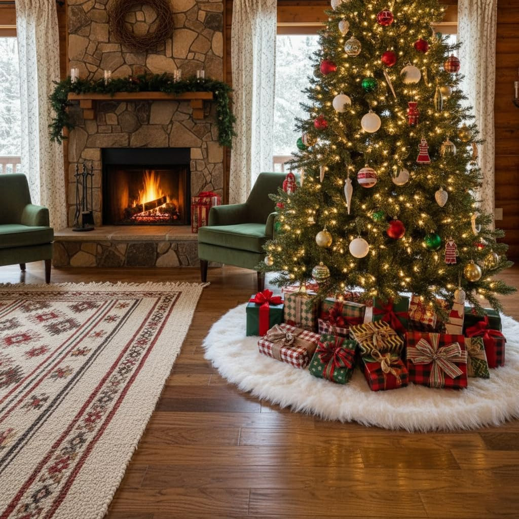 48-Inch White Faux Fur Christmas Tree Skirt - Luxurious Plush Base Cover for Holiday Celebrations and Home Decor