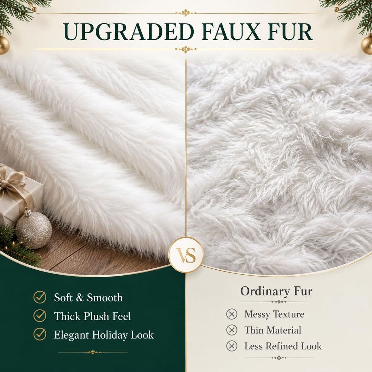 48-Inch White Faux Fur Christmas Tree Skirt - Luxurious Plush Base Cover for Holiday Celebrations and Home Decor