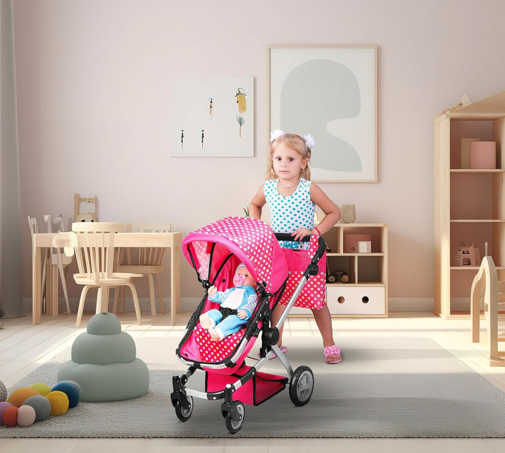 Foldable Baby Doll Stroller with Polka Dot Design, Swiveling Wheels, and Adjustable Handle