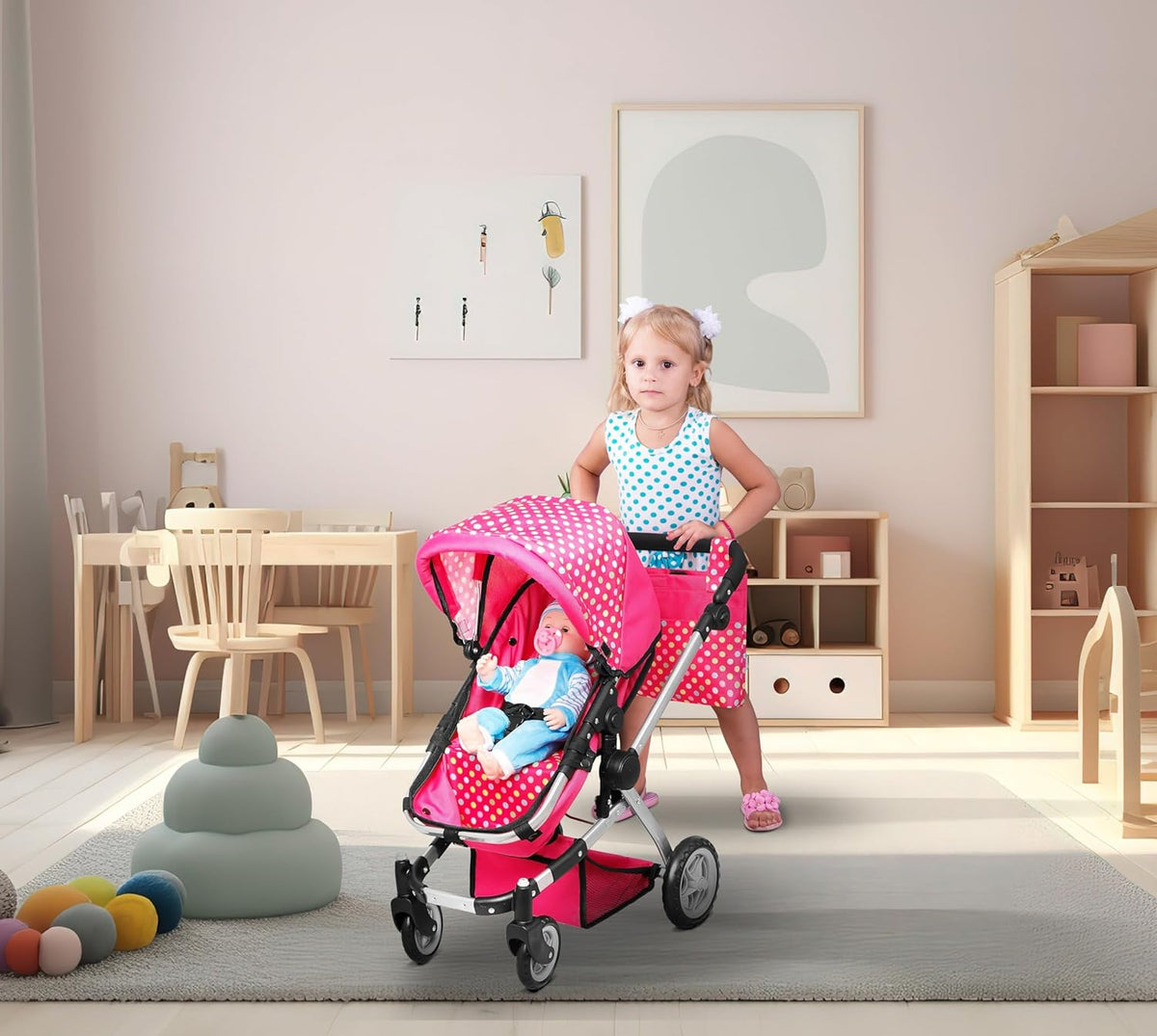 Foldable Baby Doll Stroller with Polka Dot Design, Swiveling Wheels, and Adjustable Handle