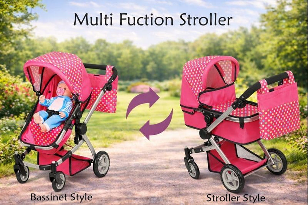 Foldable Baby Doll Stroller with Polka Dot Design, Swiveling Wheels, and Adjustable Handle