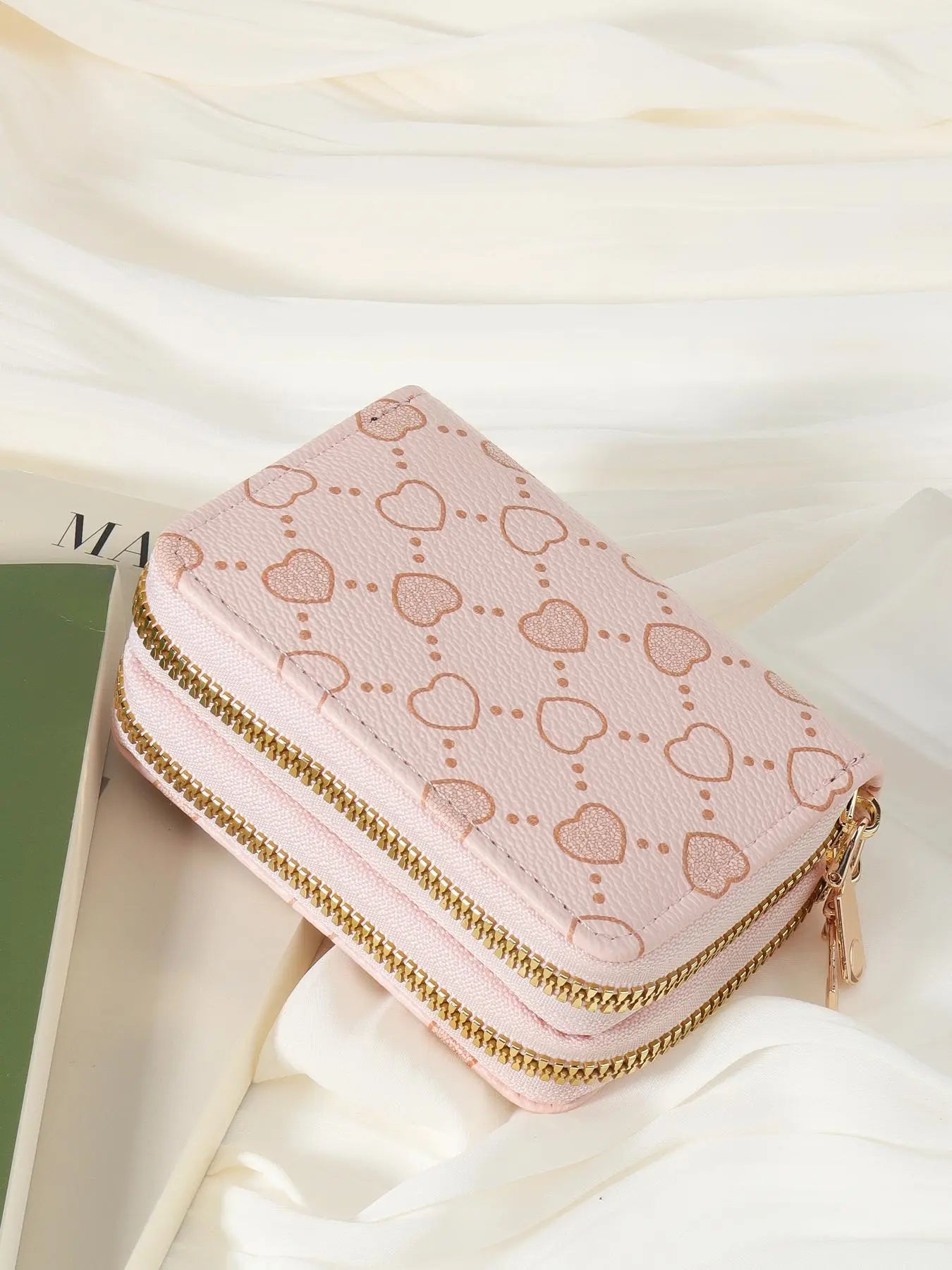 Women's Summer 2024 Retro Heart Print Double Zipper Coin Purse - Ideal Mother's Day Gift, Casual Multi-Card Holder, PU Leather Credit Card Storage Bag for Outdoor and Travel Use