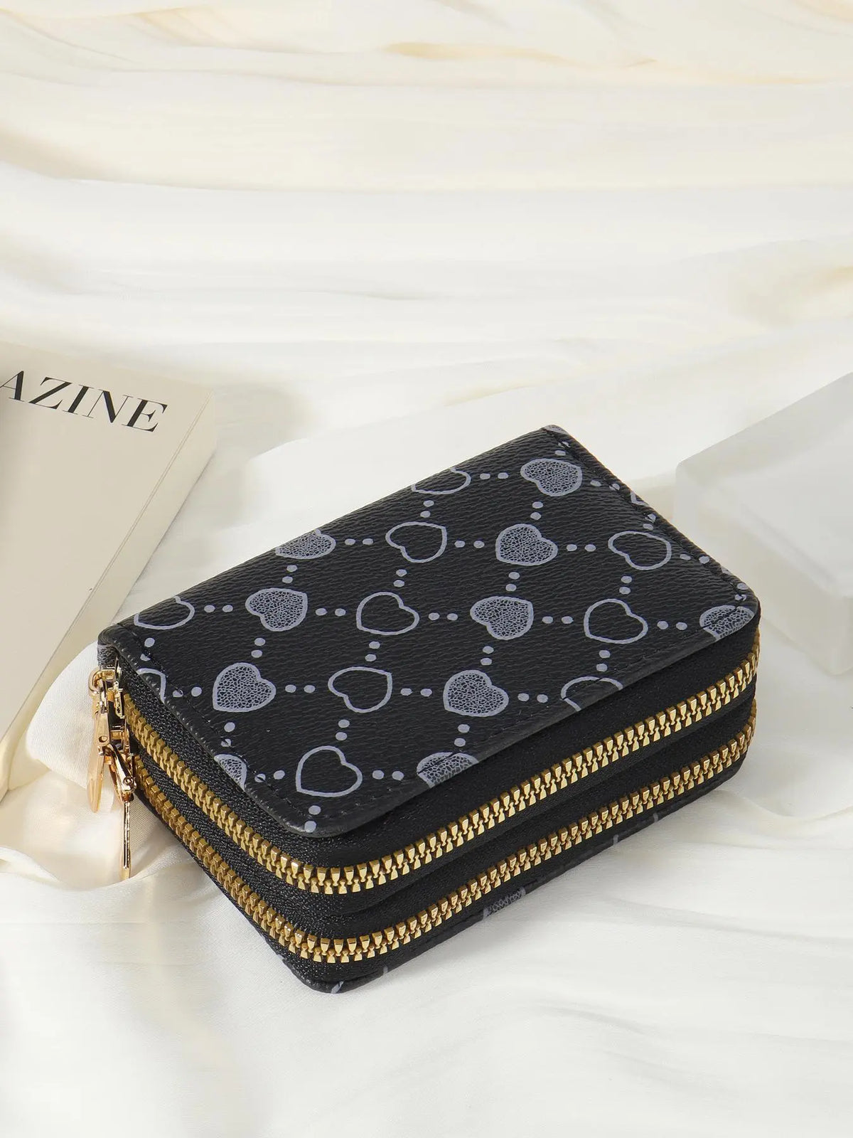 Women's Summer 2024 Retro Heart Print Double Zipper Coin Purse - Ideal Mother's Day Gift, Casual Multi-Card Holder, PU Leather Credit Card Storage Bag for Outdoor and Travel Use
