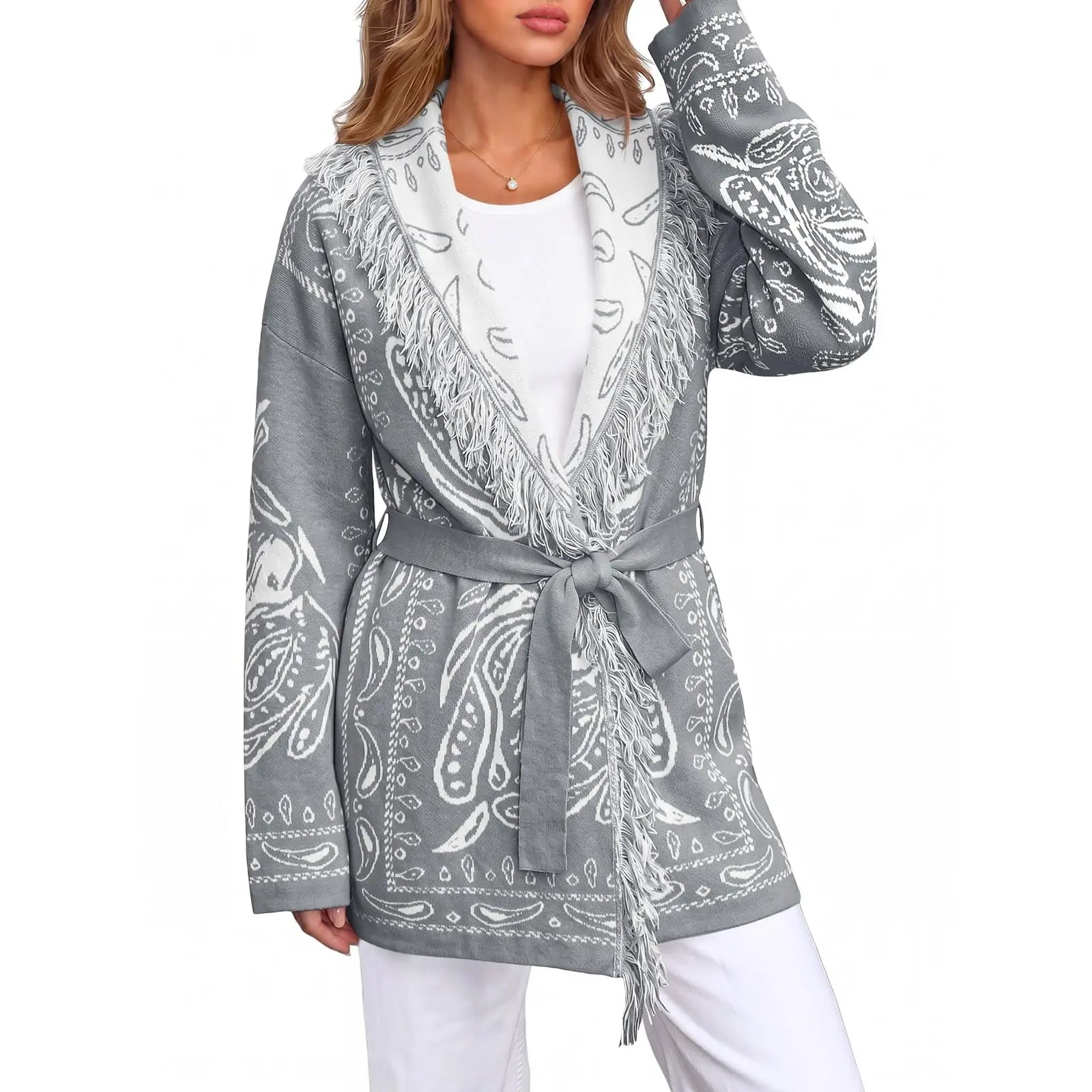 Saodimallsu Women's Fall Tassel Shawl Collar Cardigan in Paisley Design, Sohochic Collection