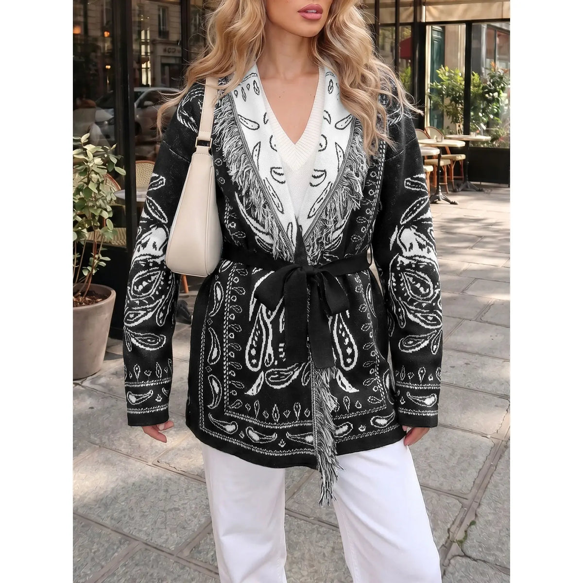 Saodimallsu Women's Fall Tassel Shawl Collar Cardigan in Paisley Design, Sohochic Collection