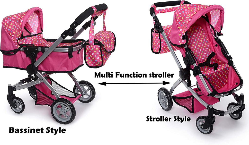 Foldable Baby Doll Stroller with Polka Dot Design, Swiveling Wheels, and Adjustable Handle