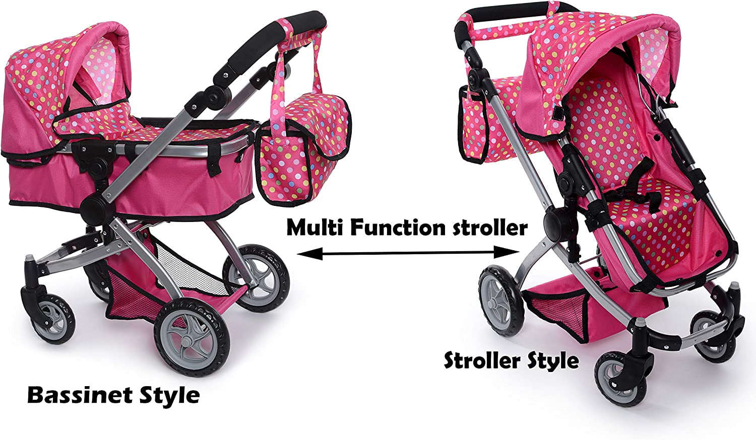 Foldable Baby Doll Stroller with Polka Dot Design, Swiveling Wheels, and Adjustable Handle