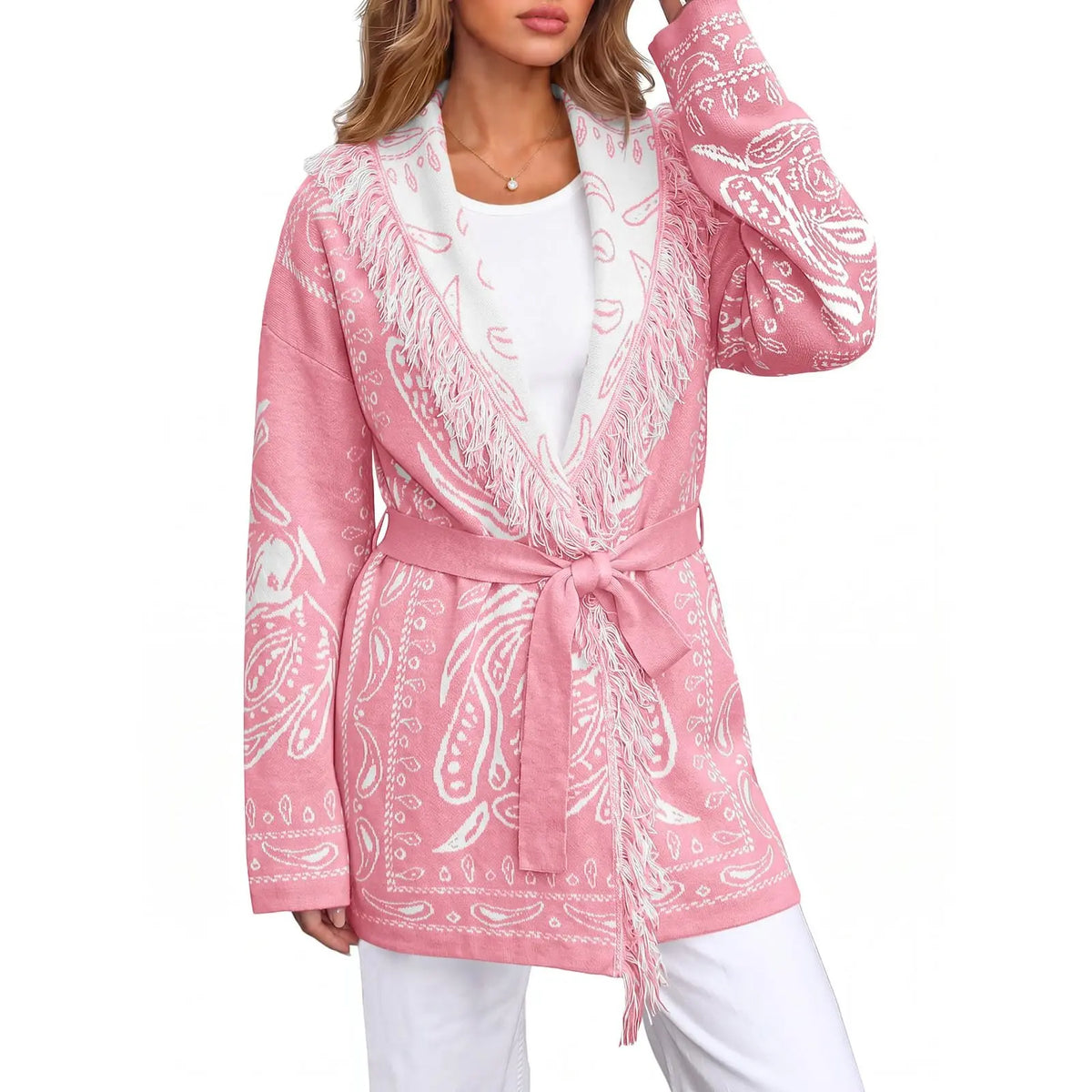 Saodimallsu Women's Fall Tassel Shawl Collar Cardigan in Paisley Design, Sohochic Collection