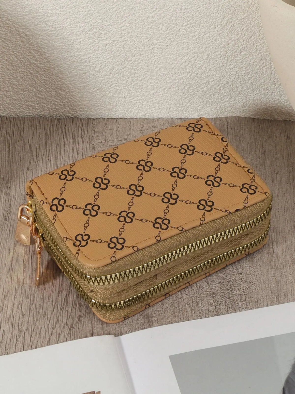 Women's Summer 2024 Retro Heart Print Double Zipper Coin Purse - Ideal Mother's Day Gift, Casual Multi-Card Holder, PU Leather Credit Card Storage Bag for Outdoor and Travel Use