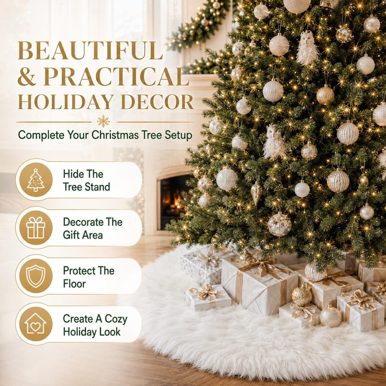 48-Inch White Faux Fur Christmas Tree Skirt - Luxurious Plush Base Cover for Holiday Celebrations and Home Decor