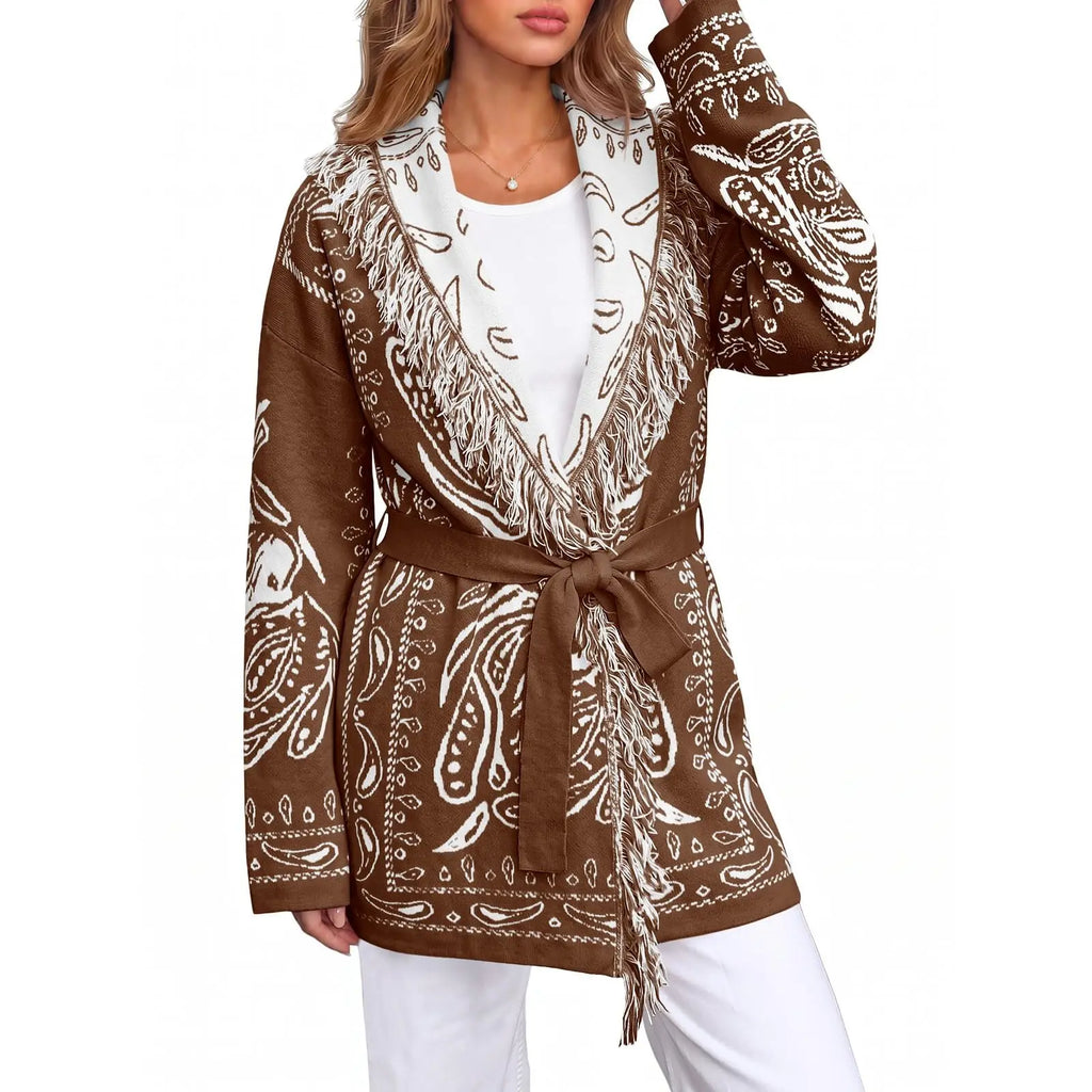 Saodimallsu Women's Fall Tassel Shawl Collar Cardigan in Paisley Design, Sohochic Collection