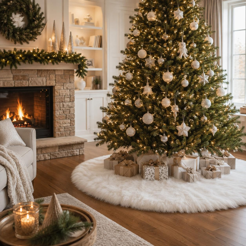 48-Inch White Faux Fur Christmas Tree Skirt - Luxurious Plush Base Cover for Holiday Celebrations and Home Decor
