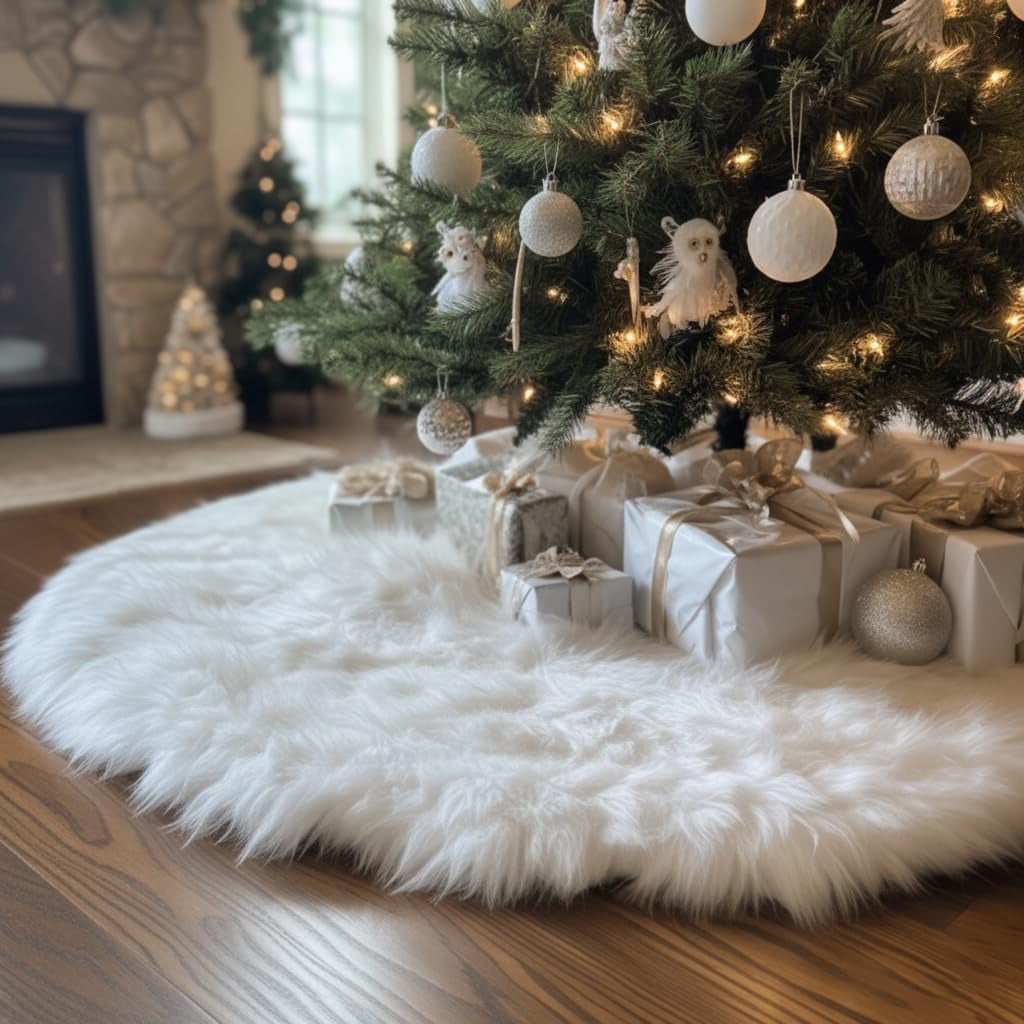 48-Inch White Faux Fur Christmas Tree Skirt - Luxurious Plush Base Cover for Holiday Celebrations and Home Decor
