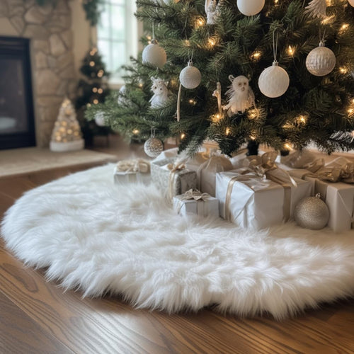 48-Inch White Faux Fur Christmas Tree Skirt - Luxurious Plush Base Cover for Holiday Celebrations and Home Decor