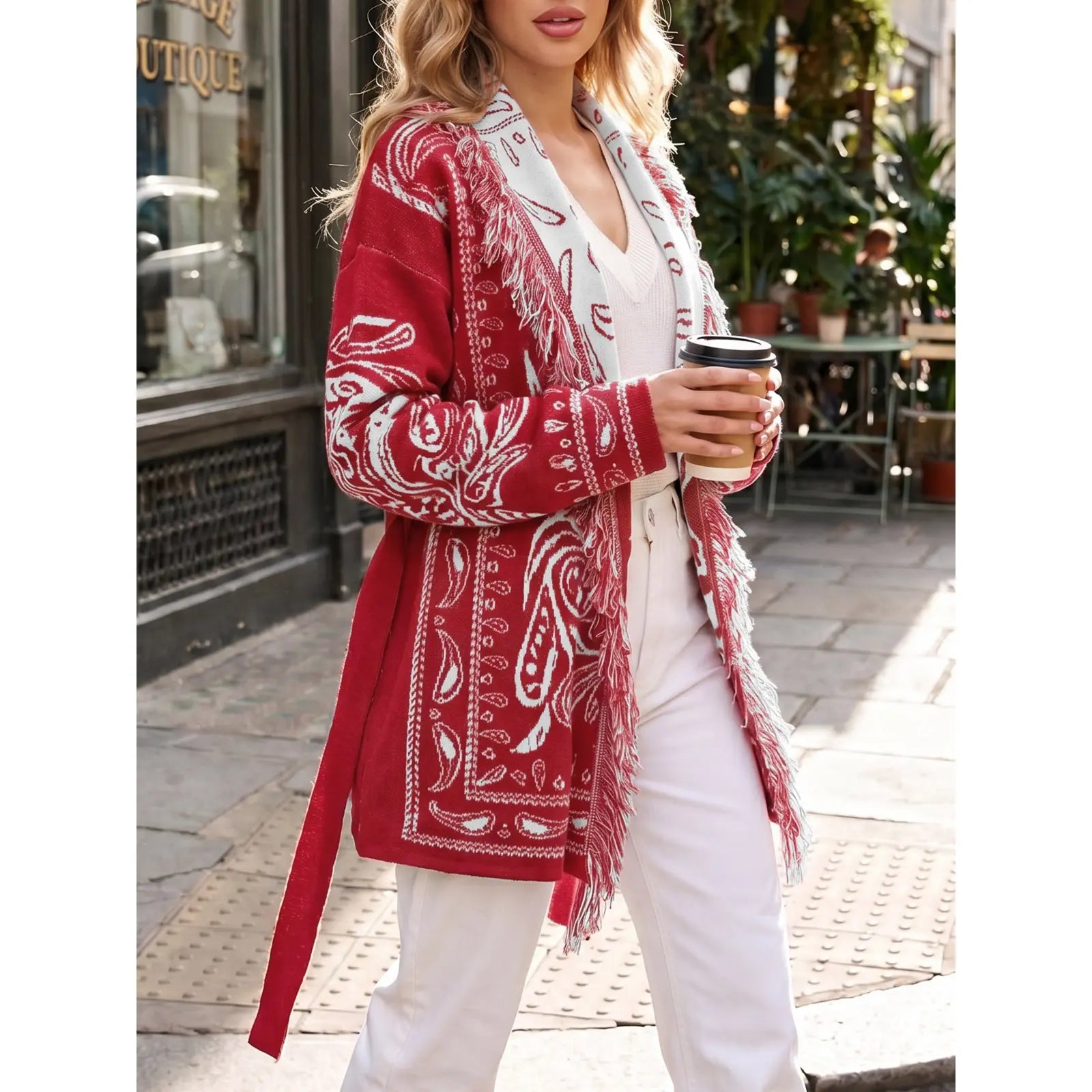 Saodimallsu Women's Fall Tassel Shawl Collar Cardigan in Paisley Design, Sohochic Collection