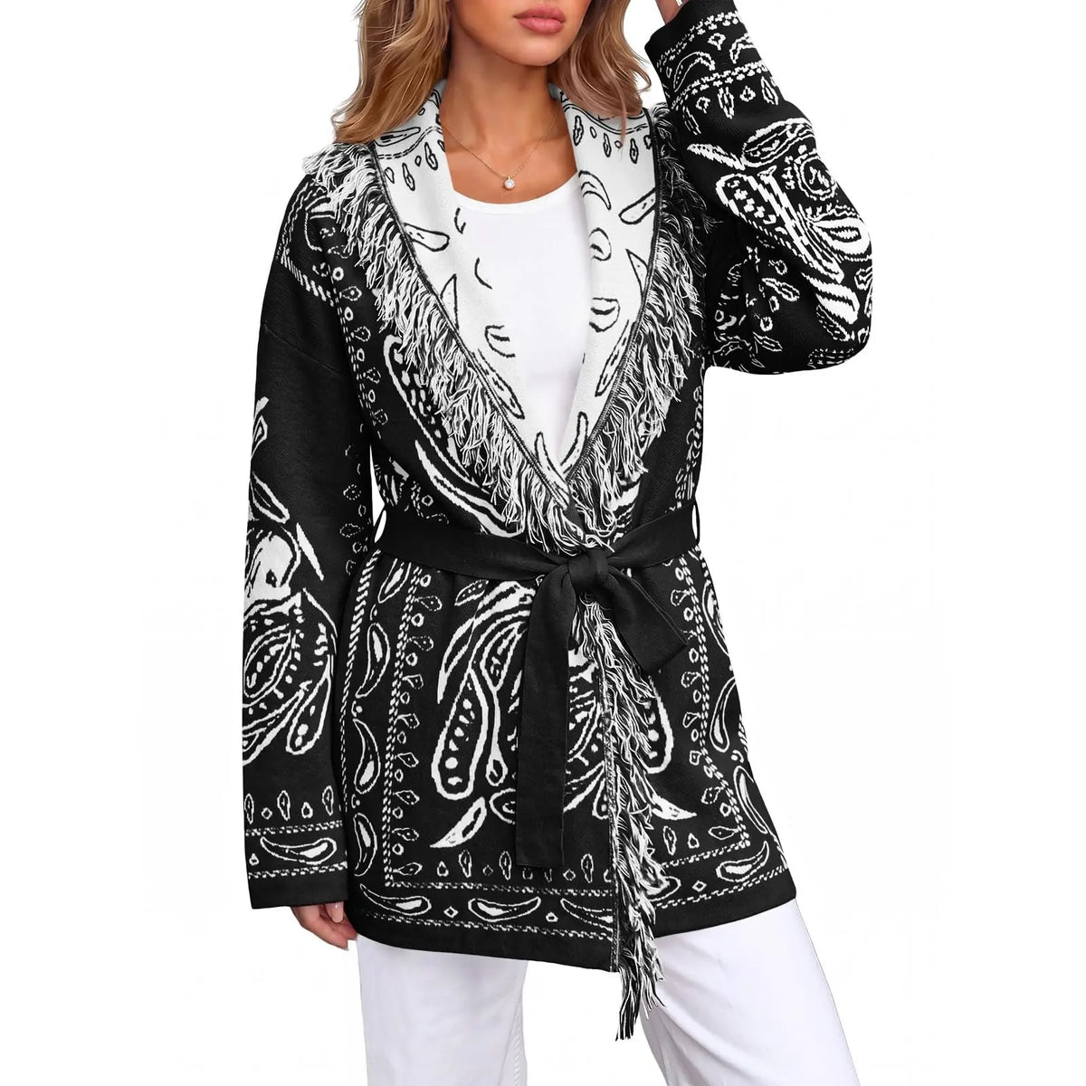 Saodimallsu Women's Fall Tassel Shawl Collar Cardigan in Paisley Design, Sohochic Collection