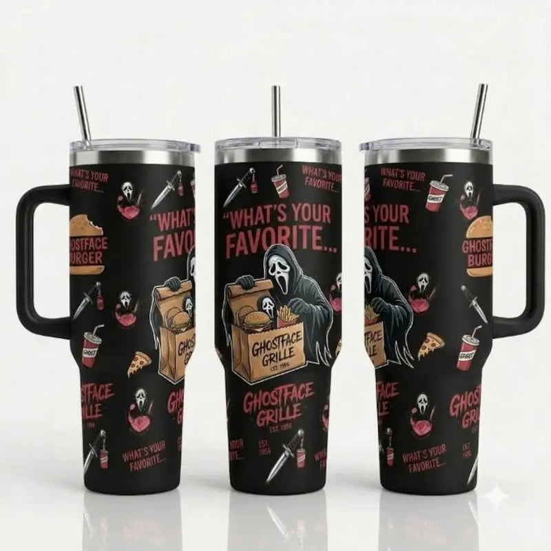 Ghostface, Chucky, and Michael Myers 40 oz Insulated Stainless Steel Tumbler with Handle and Straw - Perfect Gift for Horror Movie Enthusiasts