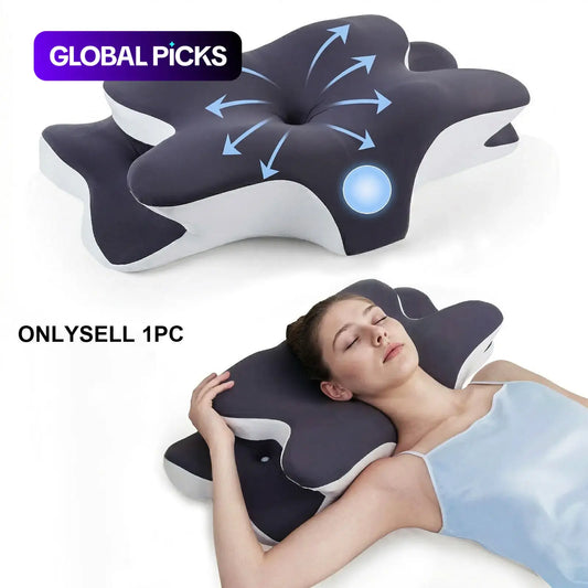 Double-Sided Contoured Neck Pillow with Supportive Memory Foam and Cooling Cover, Featuring Zoned Design and Extra-Large Armrest for Optimal Comfort in Side, Stomach, and Back Sleep Positions
