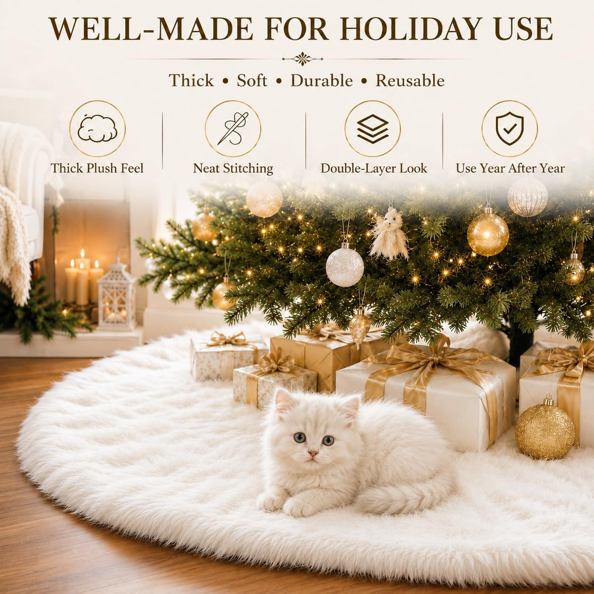 48-Inch White Faux Fur Christmas Tree Skirt - Luxurious Plush Base Cover for Holiday Celebrations and Home Decor