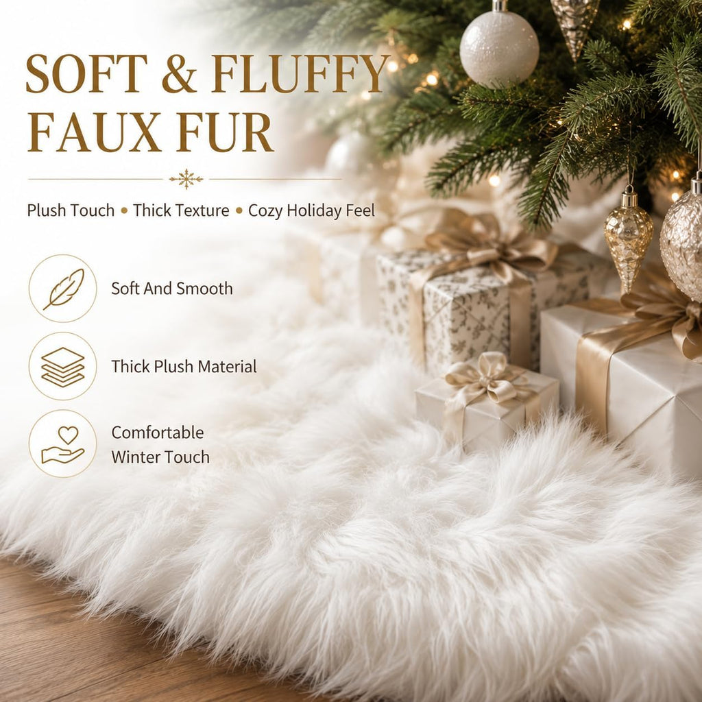 48-Inch White Faux Fur Christmas Tree Skirt - Luxurious Plush Base Cover for Holiday Celebrations and Home Decor