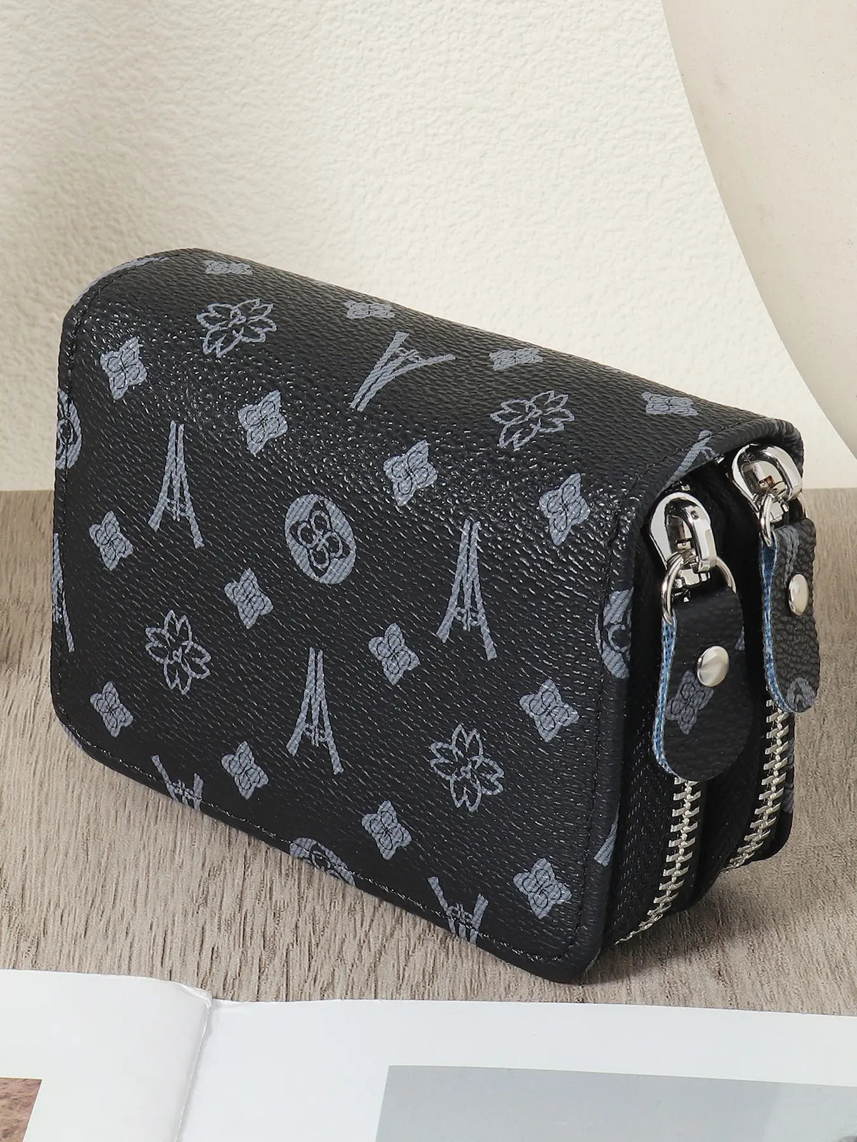 Women's Summer 2024 Retro Heart Print Double Zipper Coin Purse - Ideal Mother's Day Gift, Casual Multi-Card Holder, PU Leather Credit Card Storage Bag for Outdoor and Travel Use