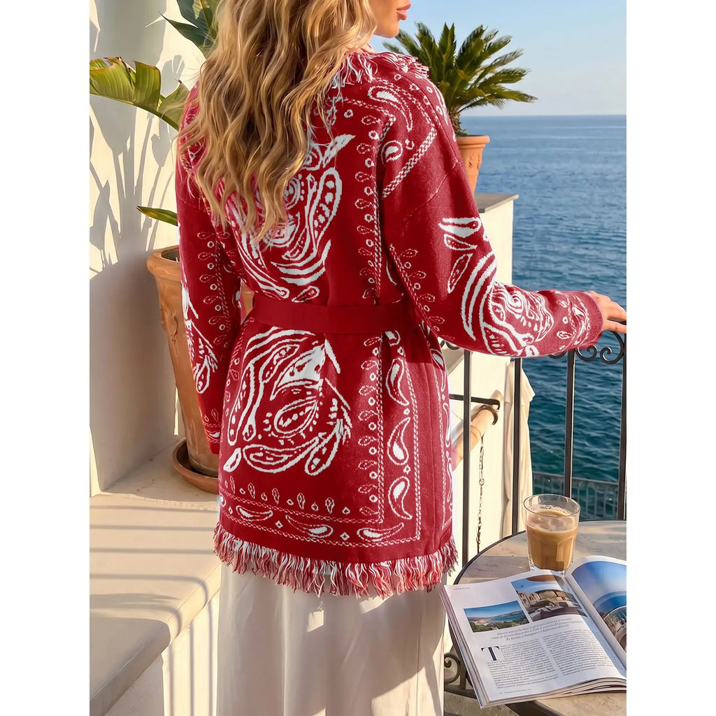 Saodimallsu Women's Fall Tassel Shawl Collar Cardigan in Paisley Design, Sohochic Collection