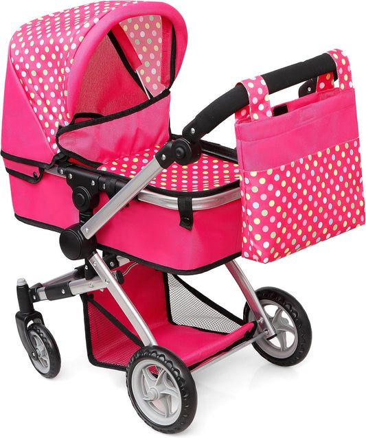 Foldable Baby Doll Stroller with Polka Dot Design, Swiveling Wheels, and Adjustable Handle