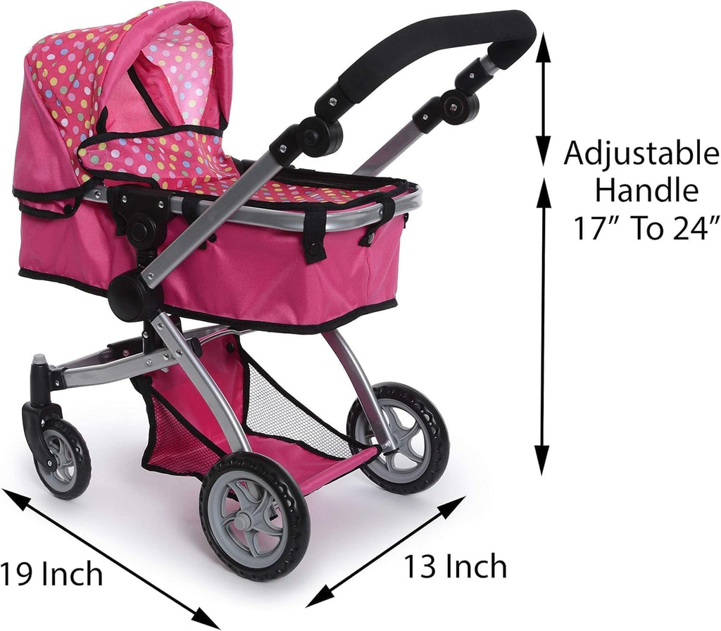 Foldable Baby Doll Stroller with Polka Dot Design, Swiveling Wheels, and Adjustable Handle