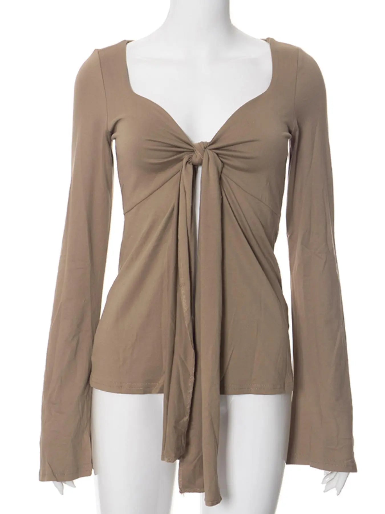 Women's Solid Knot Front Split Hem Long Sleeve Tee - Casual Chic Sweetheart Neck T-Shirt for Fall Daily Wear