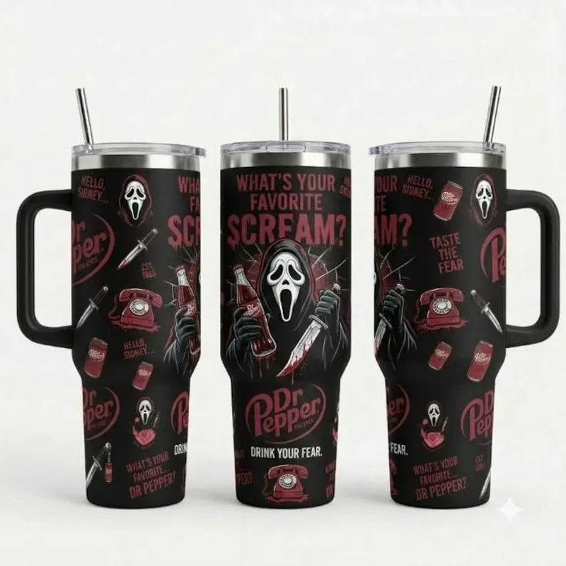 Ghostface, Chucky, and Michael Myers 40 oz Insulated Stainless Steel Tumbler with Handle and Straw - Perfect Gift for Horror Movie Enthusiasts